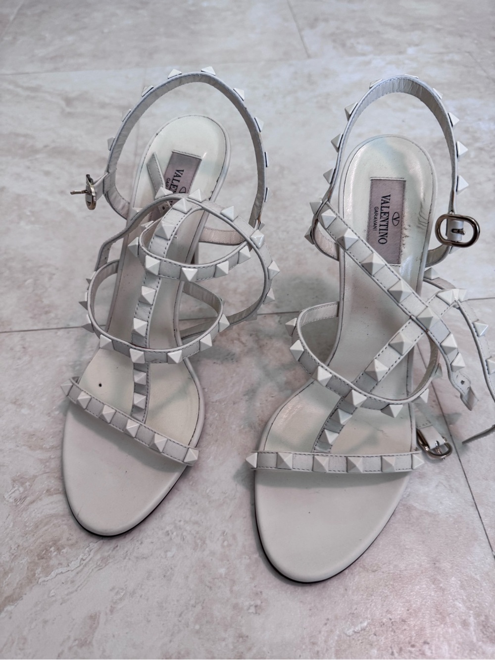 Valentino White Pyramid Rockstud Strappy Heels